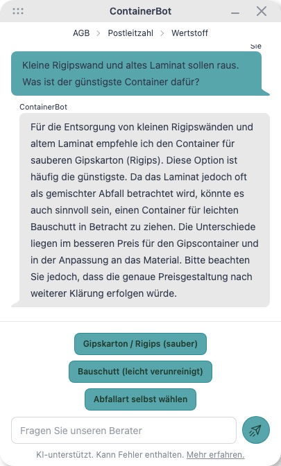ContainerBot im Gespräch: Kundenanfrage zur Rigips- und Laminatentsorgung