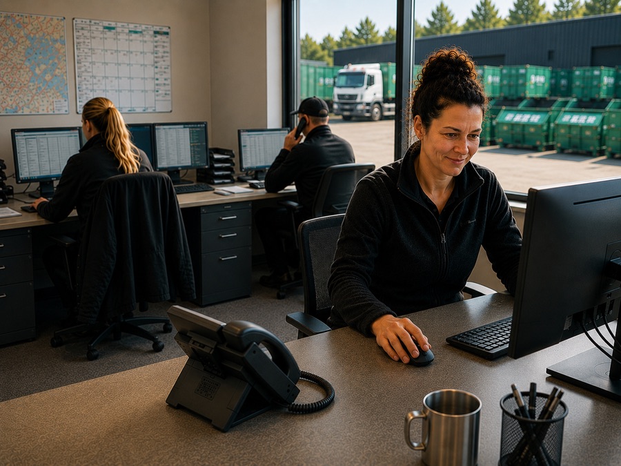 Büro eines Containerdienstes: Disponentin am Telefon, Fuhrpark im Hintergrund